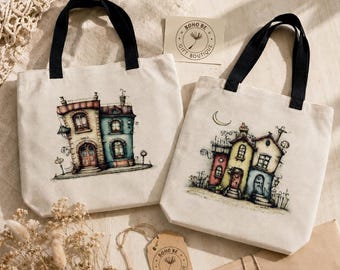 Whimsical House Polyester Tote Bag, 14 × 14 in, Black Handles