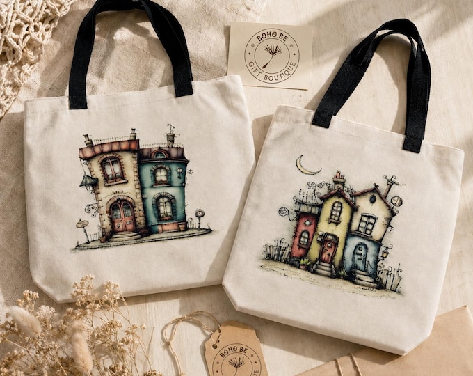 Whimsical House Polyester Tote Bag, 14 × 14 in, Black Handles