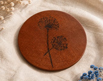 Round Leather Coaster Set of 4, Hand-Stamped Dandelion Design