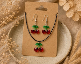 Handmade Cherry Necklace and Earrings Set, Retro Fruit Charm Jewelry
