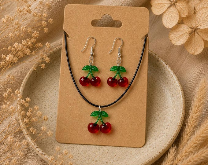 Handmade Cherry Necklace and Earrings Set, Retro Fruit Charm Jewelry