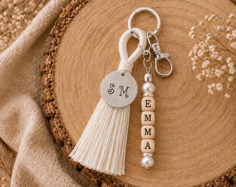 Personalized Bridesmaid Tassel Keychain, Ivory Charm, Custom Name Beads, Initial Tag