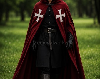 Burgundy Velvet Medieval Hooded Cloak with White Cross, Knight Cape, Renaissance Faire Costume, LARP Cosplay, Gothic Fantasy Cape