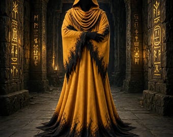 Tunica fantasy con cappuccio color giallo senape, costume gotico nero effetto invecchiato