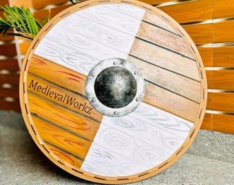 Escudo vikingo de madera, escudo medieval redondo de 60 cm, decoración nórdica para pared, escudo para LARP y cosplay, decoración de guerrero nórdico.