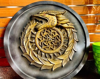 Viking Dragon Shield, 24 Inch Norse Wooden Round Shield, Medieval Wall Decor, LARP Cosplay Prop, Nordic Mythology Art
