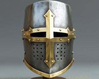 Handmade Steel Crusader Knight Helmet | Medieval Great Helm with Brass Cross | Templar Style Armor Helmet for Cosplay, LARP & Display