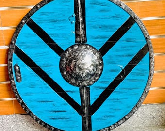 Blue Viking Wooden Shield with Metal Boss – Handcrafted Medieval Round Shield for LARP, Cosplay & Wall Decor