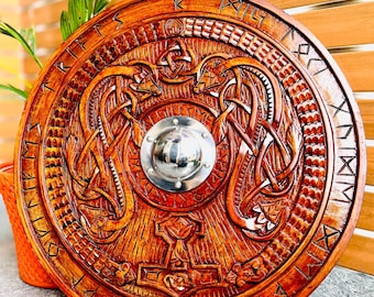 Viking Wooden Shield, Norse Mythology Wall Decor, Carved Round Shield, Nordic Shield, Medieval Decor, 24 Inch