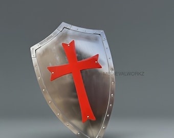 Mittelalterliches Ritterschild aus Stahl mit rotem Kreuz | Templar Crusader Kampfschild für Cosplay & Dekoration