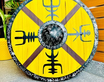 Escudo vikingo de madera, escudo redondo nórdico de 61 cm, escudo de guerrero medieval, accesorio para LARP y cosplay, decoración de pared, recreación histórica.