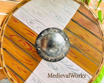 Handcrafted Viking Wooden Shield with Metal Boss – Medieval Round Shield for LARP, Cosplay, Reenactment & Wall Decor