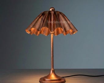 Solid Brass Table Lamp, Antique Copper Finish, Wavy Shade Bedside Light