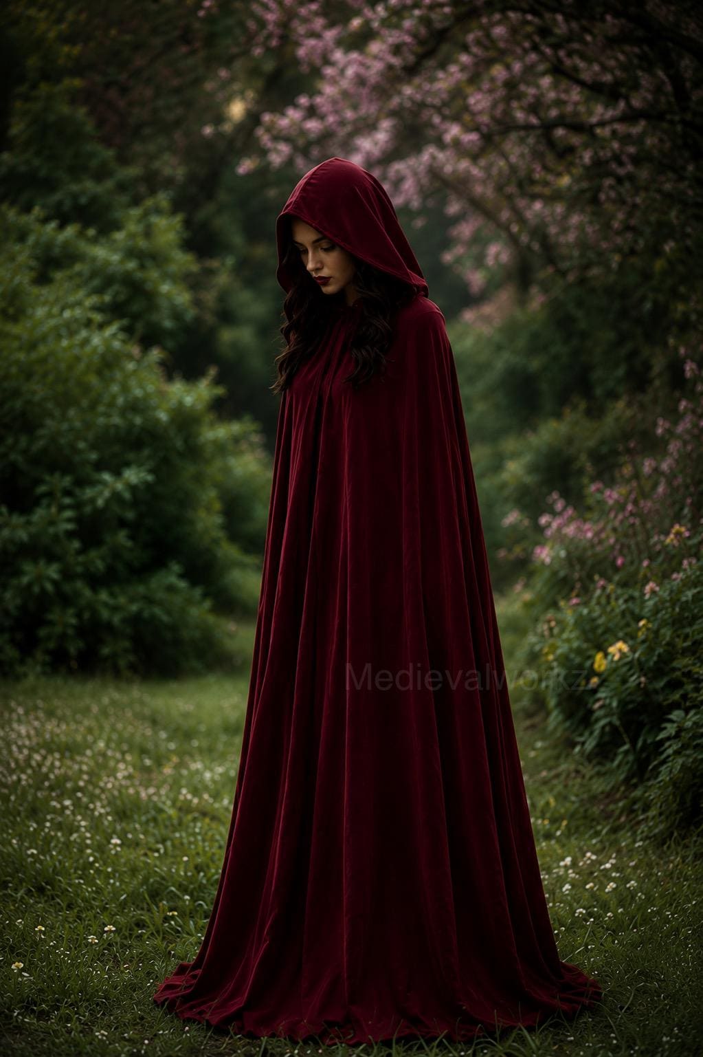 Burgundy Red Hooded Cloak, Medieval Fantasy Cape, Gothic Hooded Cape, Renaissance Costume, Witchy Velvet Cloak, Cosplay Costume