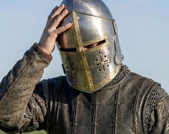 Medieval Templar Knight Helmet, Crusader Great Helm Replica, Handmade Steel Armor Helmet, Wearable Medieval Costume, Historical Collector Gi