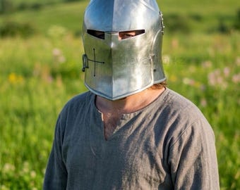 Medieval Great Helm Knight Helmet Handmade Steel Crusader Armor for Cosplay LARP and Display
