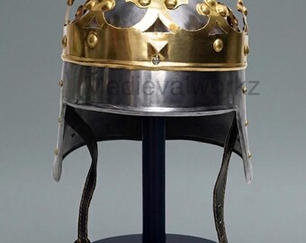 Średniowieczny hełm koronny | Zbroja wojownika królewskiego | Ręcznie robiony hełm rycerza królewskiego | Historyczna metalowa dekoracja kostiumu