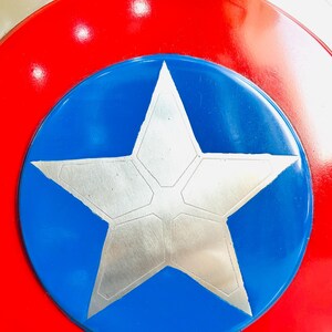 May include: A close-up of a shield with a red outer ring, a silver inner ring, and a blue center. A large, silver five-pointed star is in the center of the blue circle. The shield has a glossy finish.