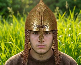 Handmade Persian Warrior Helmet with Chainmail – Medieval Brass Armor Helmet for Cosplay Reenactment and Displa