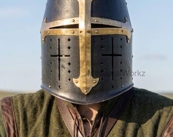 Medieval Crusader Great Helm Helmet – Handcrafted Knight Templar Armor Helmet for Cosplay, Reenactment & Home Decor