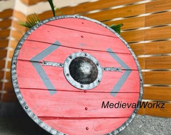 Handmade Viking Wooden Shield | Red Medieval Round Shield | Nordic Warrior Shield | LARP Cosplay Prop | Rustic Wall Decor