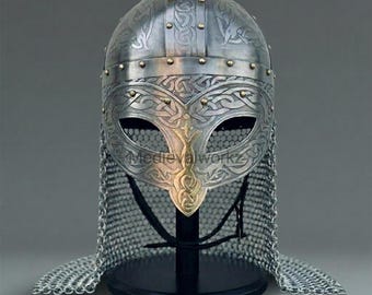 Nordic Viking Helmet with Chainmail – Handmade Medieval Warrior Armor for Cosplay Reenactment and Display