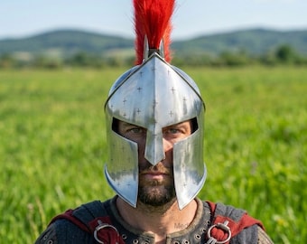 Ancient Greek Spartan Helmet with Red Plume, Corinthian Warrior Helmet Replica, Handmade Steel Armor, Wearable Costume Helmet, Historical Co