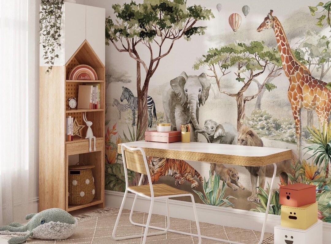 Safari Animals Peel and Stick Wallpaper: Jungle Nursery Mural - Etsy
