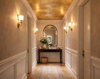 Handmade Gold Wallpaper | Vintage Metallic Ceiling Finish | Real Gold Leaf Wall Covering | Luxury Hallway Interior