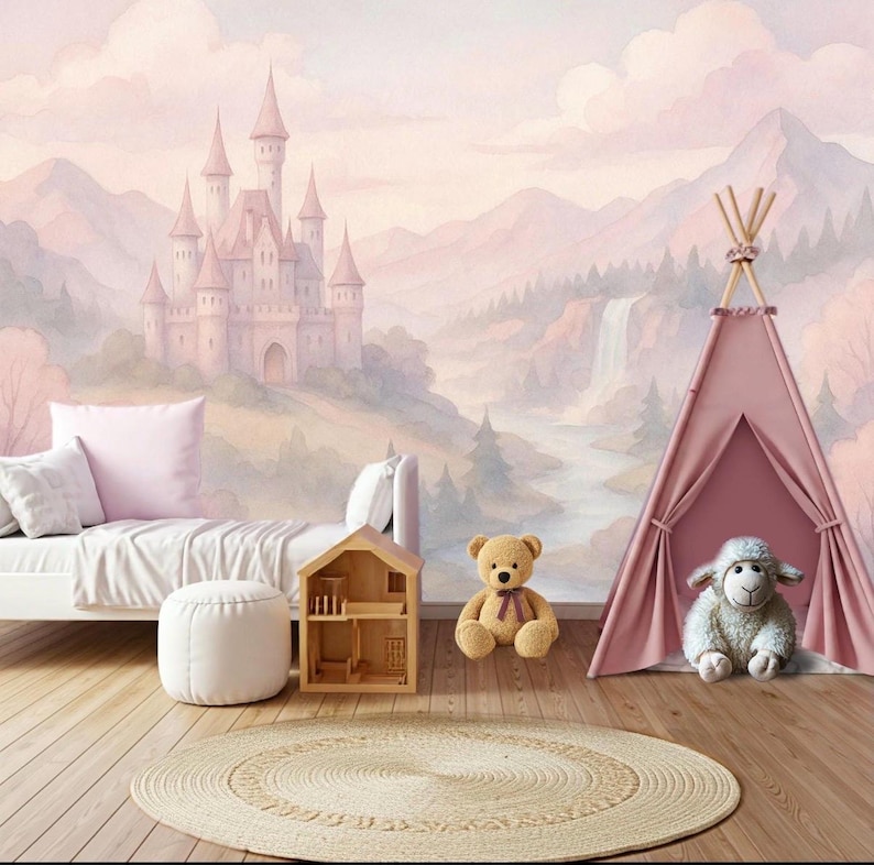 Fairy Tale Castle Wallpaper Peel and Stick, Soft Pink Wall Mural for ...