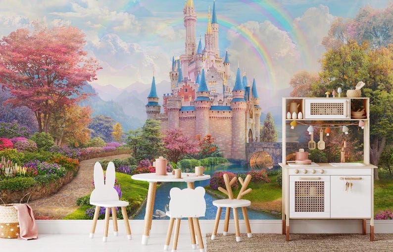 Princess Castle Wallpaper Mural | Fairy Tale Kids Room Wallpaper | Peel ...