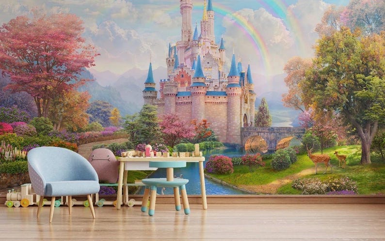 Princess Castle Wallpaper Mural | Fairy Tale Kids Room Wallpaper | Peel ...