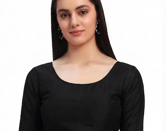 Blusa sari de seda mono Banglori: cuello redondo, manga al codo