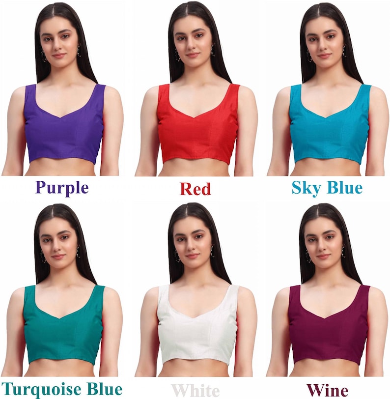 Puede incluir: Una colecci&oacute;n de seis tops sin mangas en varios colores: morado, rojo, azul cielo, azul turquesa, blanco y vino. Cada top presenta un dise&ntilde;o de cuello en V. Los colores est&aacute;n etiquetados con texto debajo.