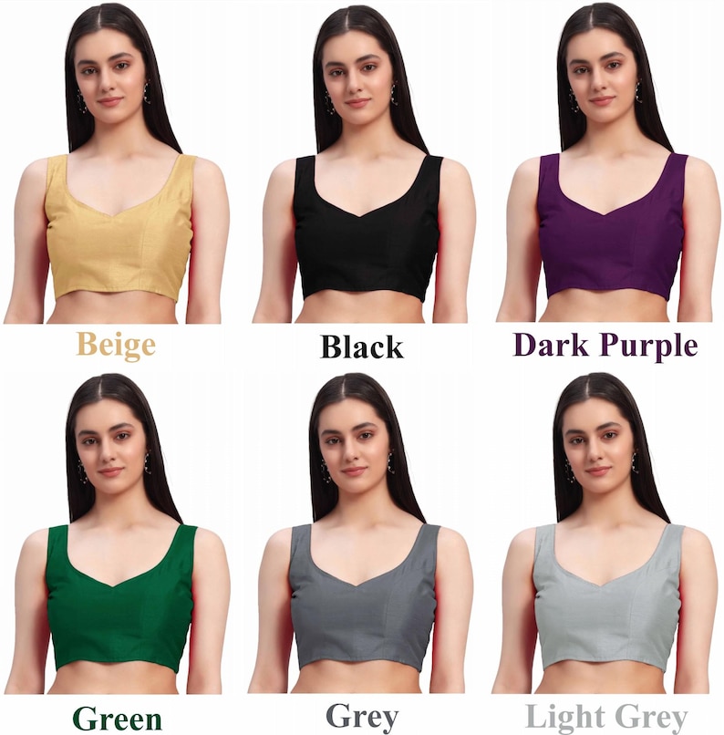 Puede incluir: Seis blusas sin mangas en varios colores: beige, negro, morado oscuro, verde, gris y gris claro. Cada blusa tiene un dise&ntilde;o de cuello en V. Los nombres de los colores se muestran debajo de cada blusa.