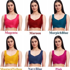 Puede incluir: Colecci&oacute;n de seis blusas sin mangas en varios colores, incluyendo magenta, granate, azul Morpich, amarillo mostaza, azul marino y rosa. Cada blusa presenta un dise&ntilde;o de cuello en V. Los colores est&aacute;n etiquetados con sus nombres.