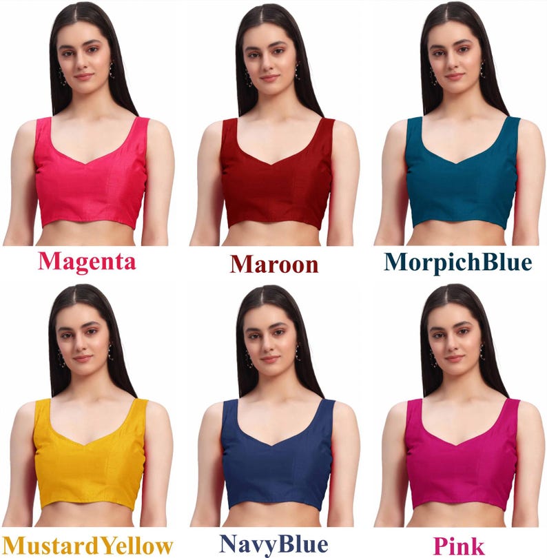 Puede incluir: Colecci&oacute;n de seis blusas sin mangas en varios colores, incluyendo magenta, granate, azul Morpich, amarillo mostaza, azul marino y rosa. Cada blusa presenta un dise&ntilde;o de cuello en V. Los colores est&aacute;n etiquetados con sus nombres.