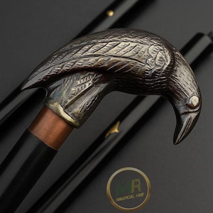 Bastone Da Passeggio In Legno Con Impugnatura A Testa Di Corvo In Ottone Vintage – Fatto A Mano (India)