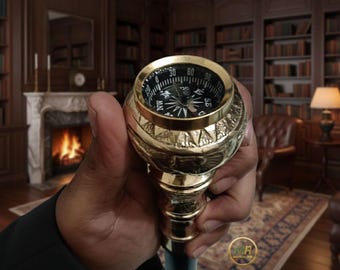 Persnalized Handmade Brass Handle Cane with working compass Sword: Hardwood Walking Stick, Cosplay Prop