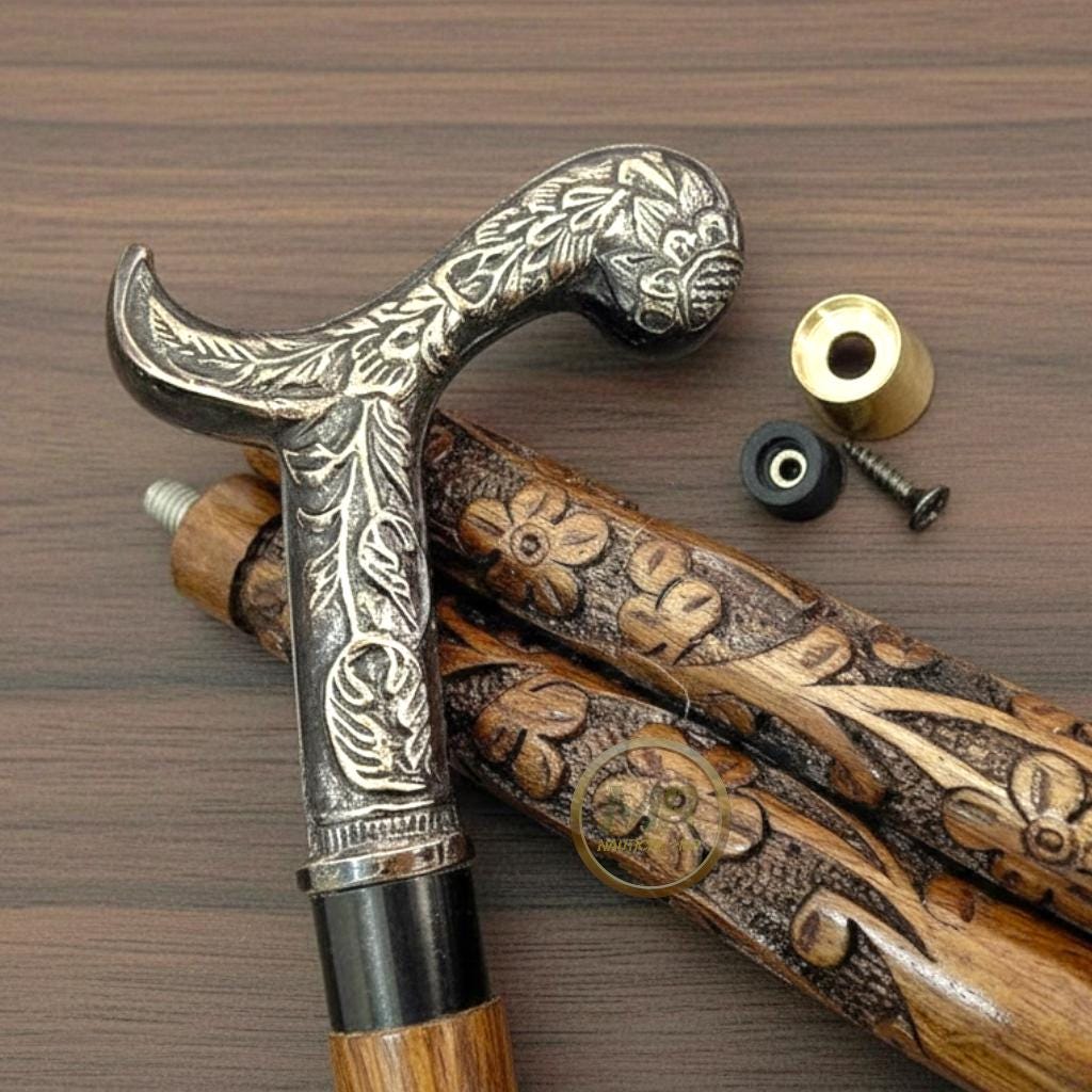 CANNE DE MARCHE design en laiton, poignée de tête, canne en bois, 3