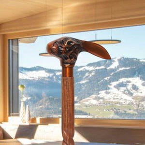 Può includere: Bastone da passeggio in legno con manico a forma di testa di coniglio intagliata. Il manico è marrone e color rame, con dettagli intricati. L'asta ha un design attorcigliato marrone scuro. Lo sfondo mostra un paesaggio montano.