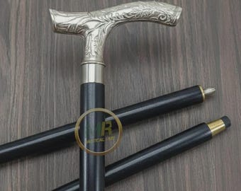 Personalized Handcrafted Walking Stick – Brass Nickel Plated Handle, Foldable Wooden Cane, Cosplay prop
