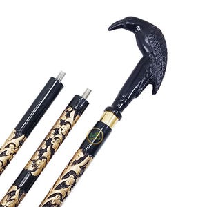 Handcrafted Raven Crow Walking Stick: Solid Wood Cane, Aluminum Handle