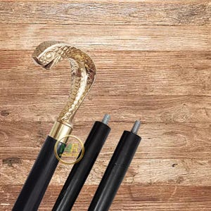 Handmade Wooden Walking Cane: Snake Brass Handle, Foldable Black Stick