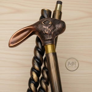 Bastone da passeggio personalizzato in palissandro fatto a mano / Design a spirale, impugnatura a forma di coniglio