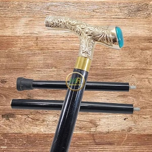 Black Wooden Walking Cane: Derby Brass Handle, Turquoise Stone