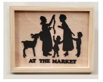 Vintage Wood Shadowbox Silhouette Humorous Old Market Place Wall Décor