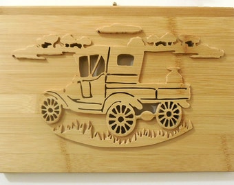 Old Milk Truck Bamboo Wall Art Relief Carving Nostalgic Vintage Scene