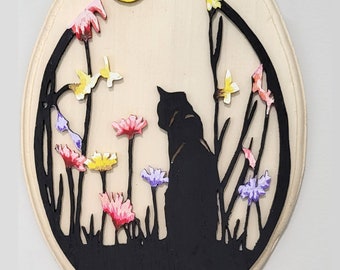 Spring Cat  Wood Portrait Silhouette Hand Cut Scroll Sawn  Wall hanging