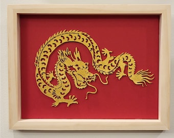 Year of the Dragon Lunar New Year Gold Dragon Hand Cut Scroll Sawn in Shadowbox Wall Hanging